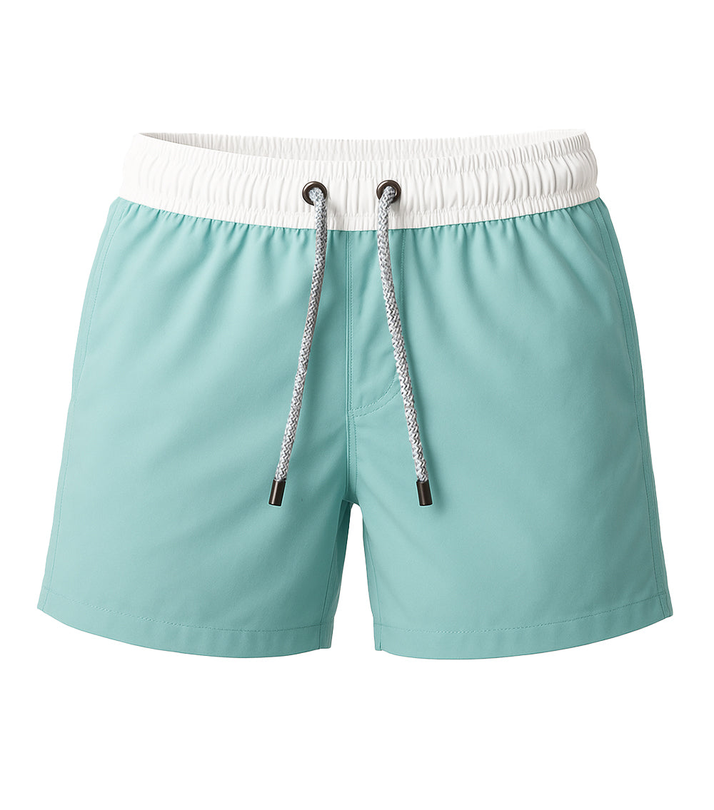 Aqua blue shorts with a white waistband and drawstring on a white background