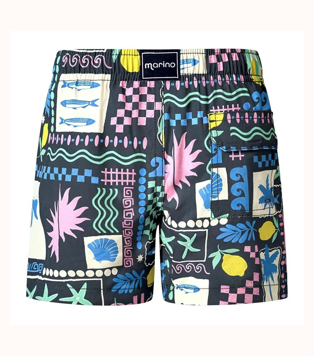 Capri Black patterned shorts with a drawstring on a white background