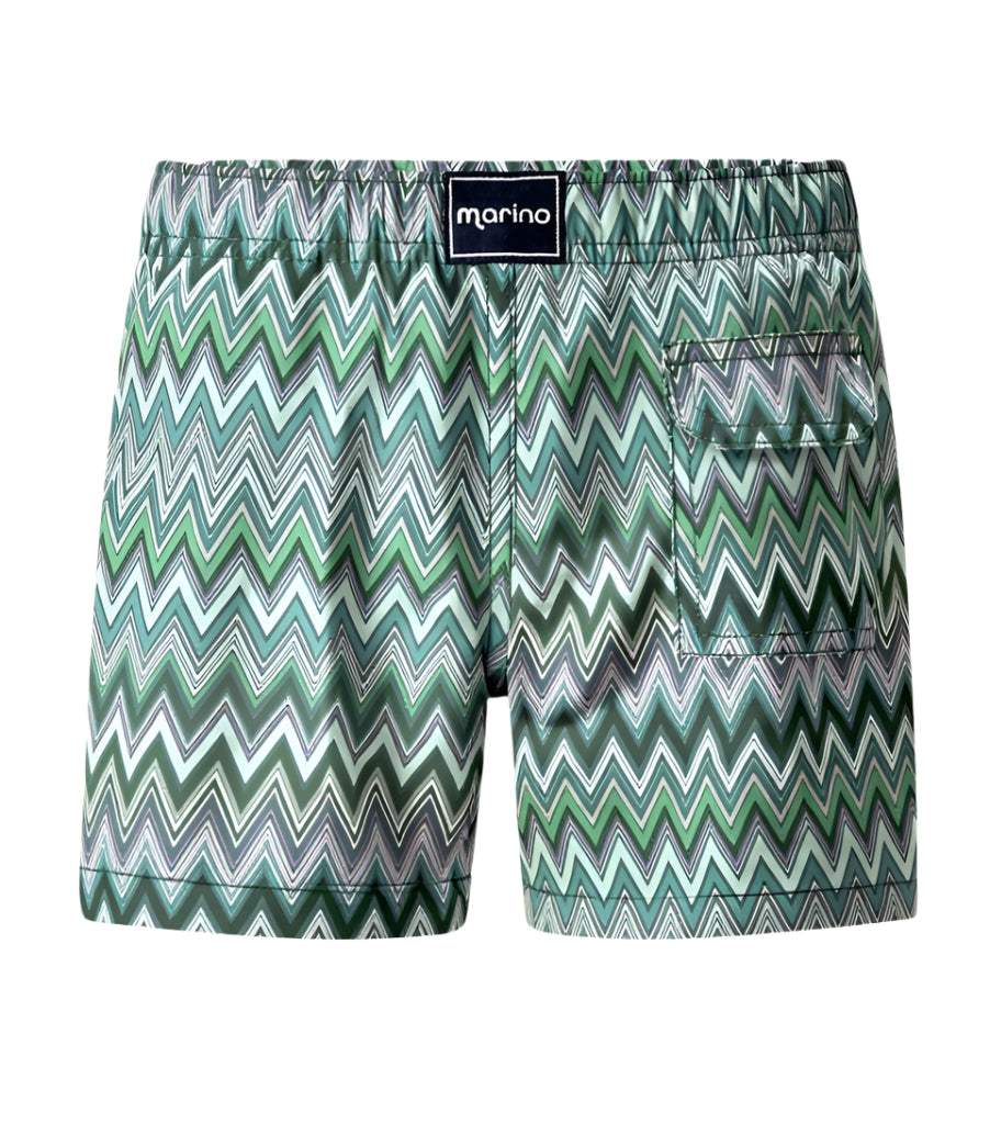 Chevron green zigzag patterned shorts with a drawstring on a white background