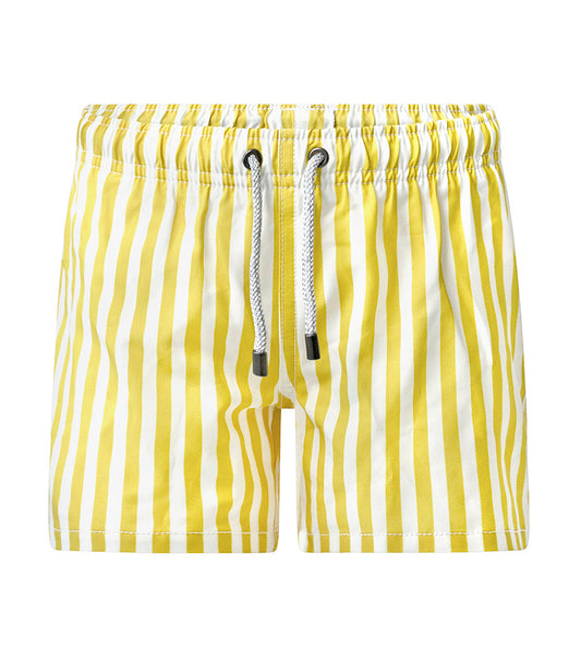 Yellow Stripes patterned shorts with a drawstring on a white background