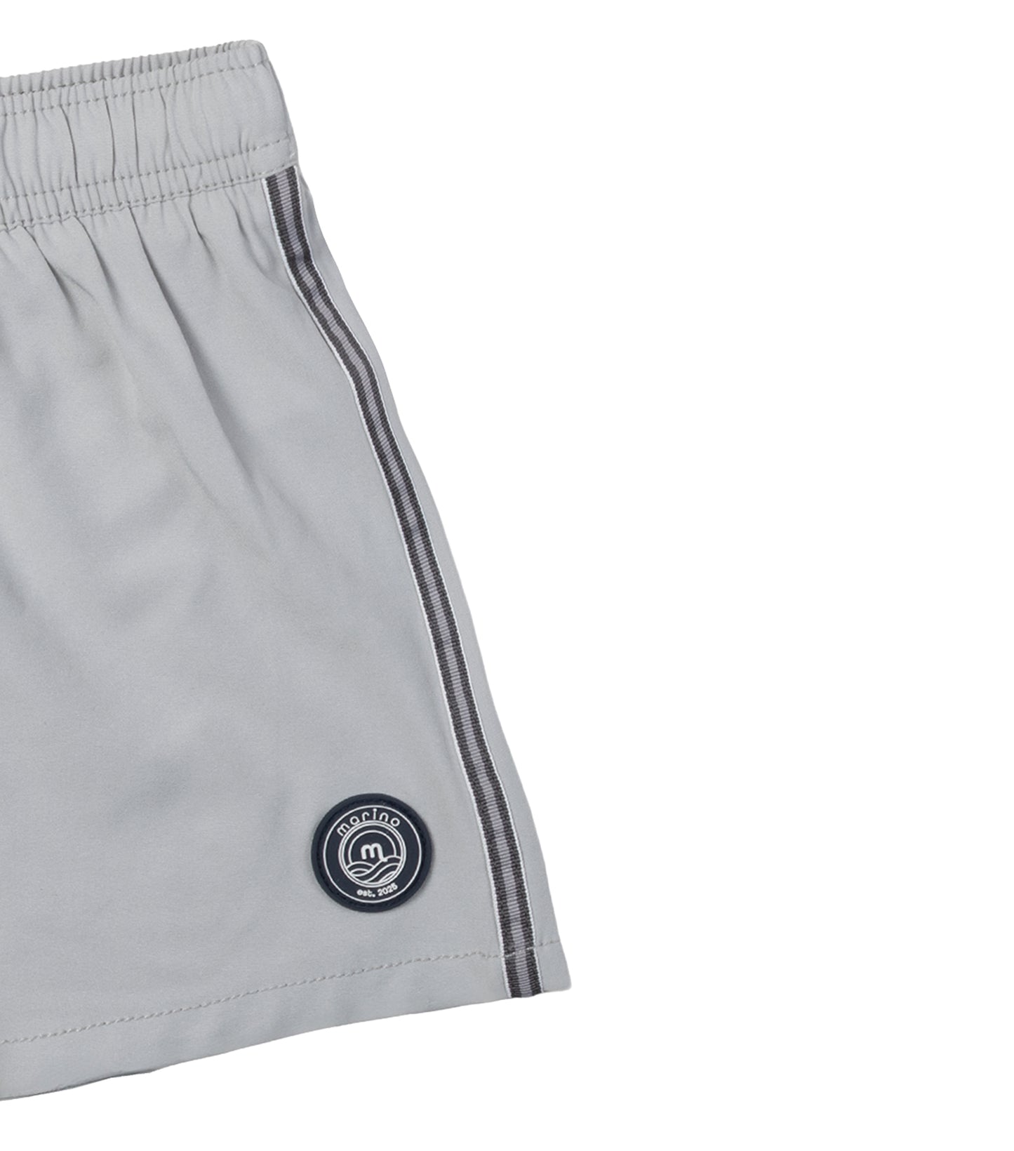 Gray shorts with gray drawstrings side trim detail and a logo on a white background