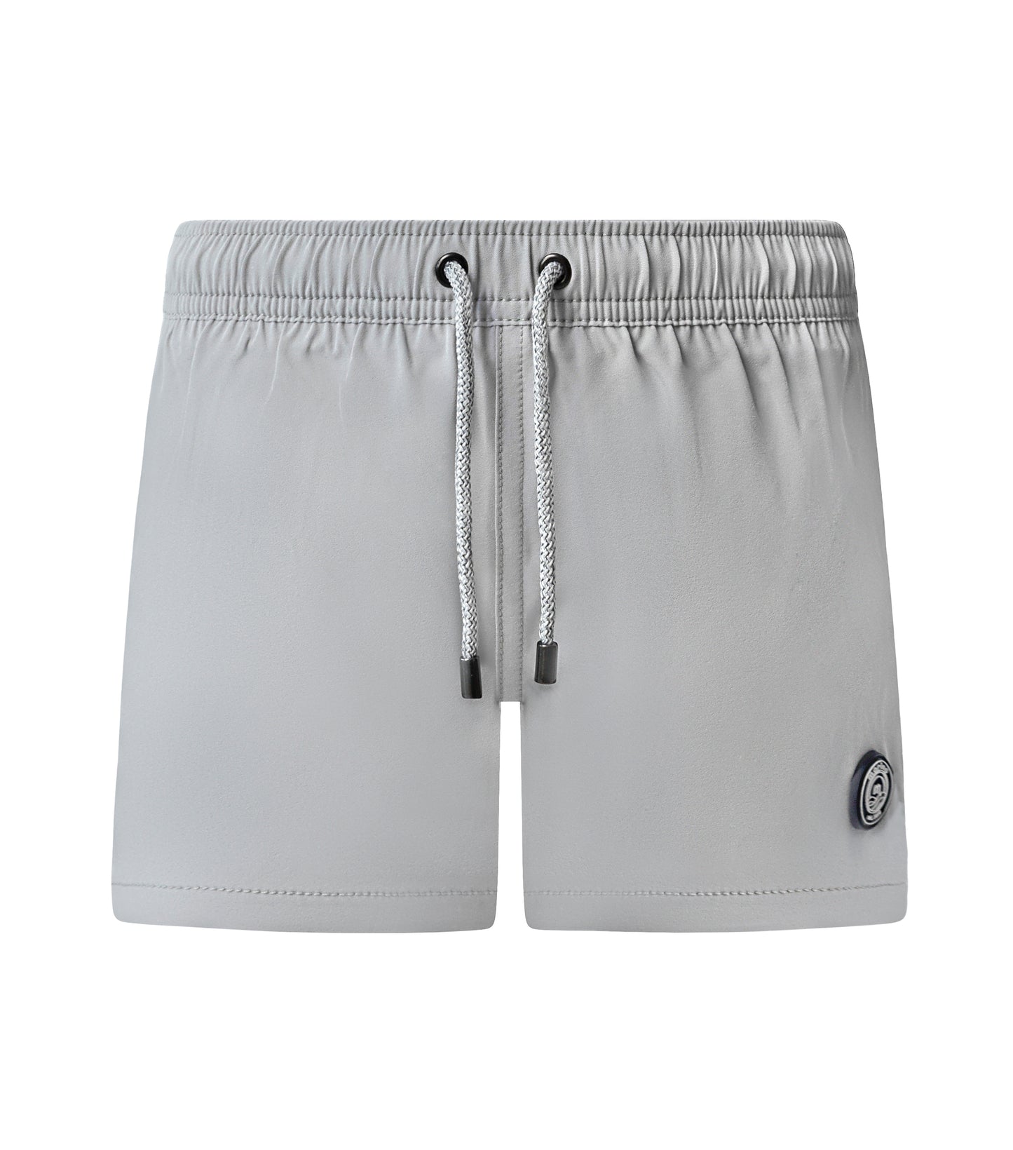 Gray shorts with a drawstring on a white background