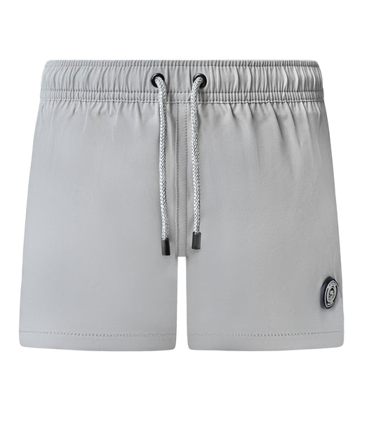 Gray shorts with a drawstring on a white background