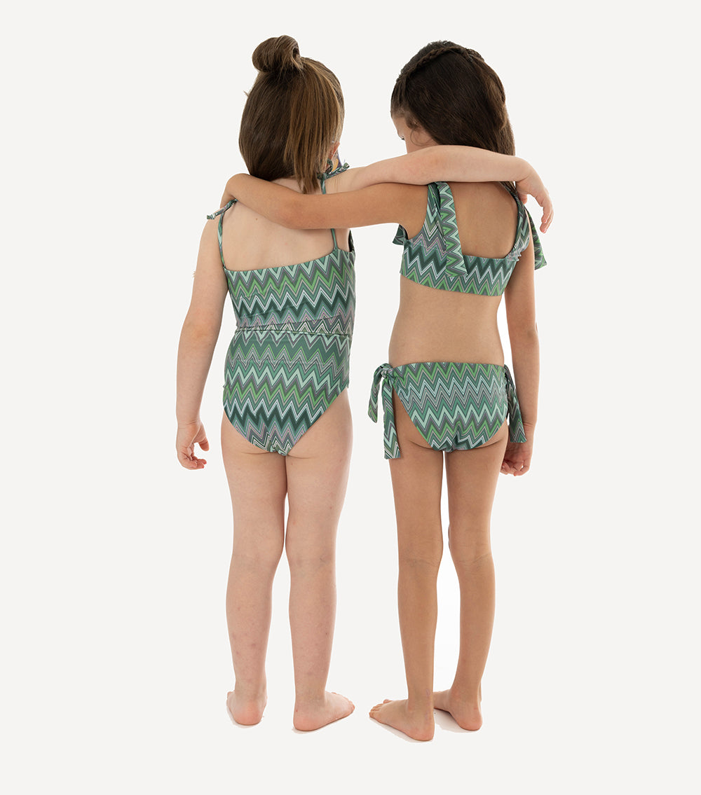 Chevron two girls wearing matching zigzag print swuimsuits