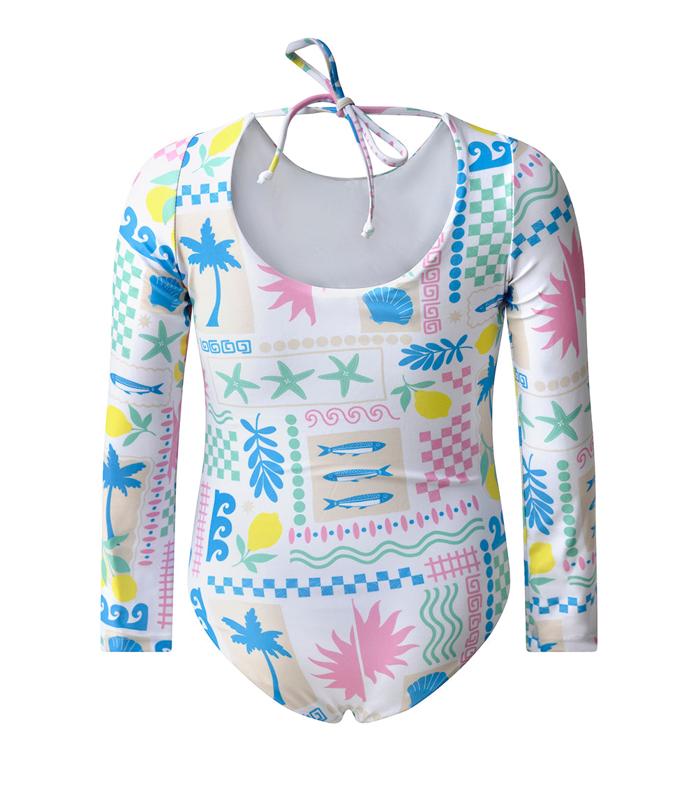 Capri White Colorful patterned swimsuit with long sleeves on a white background