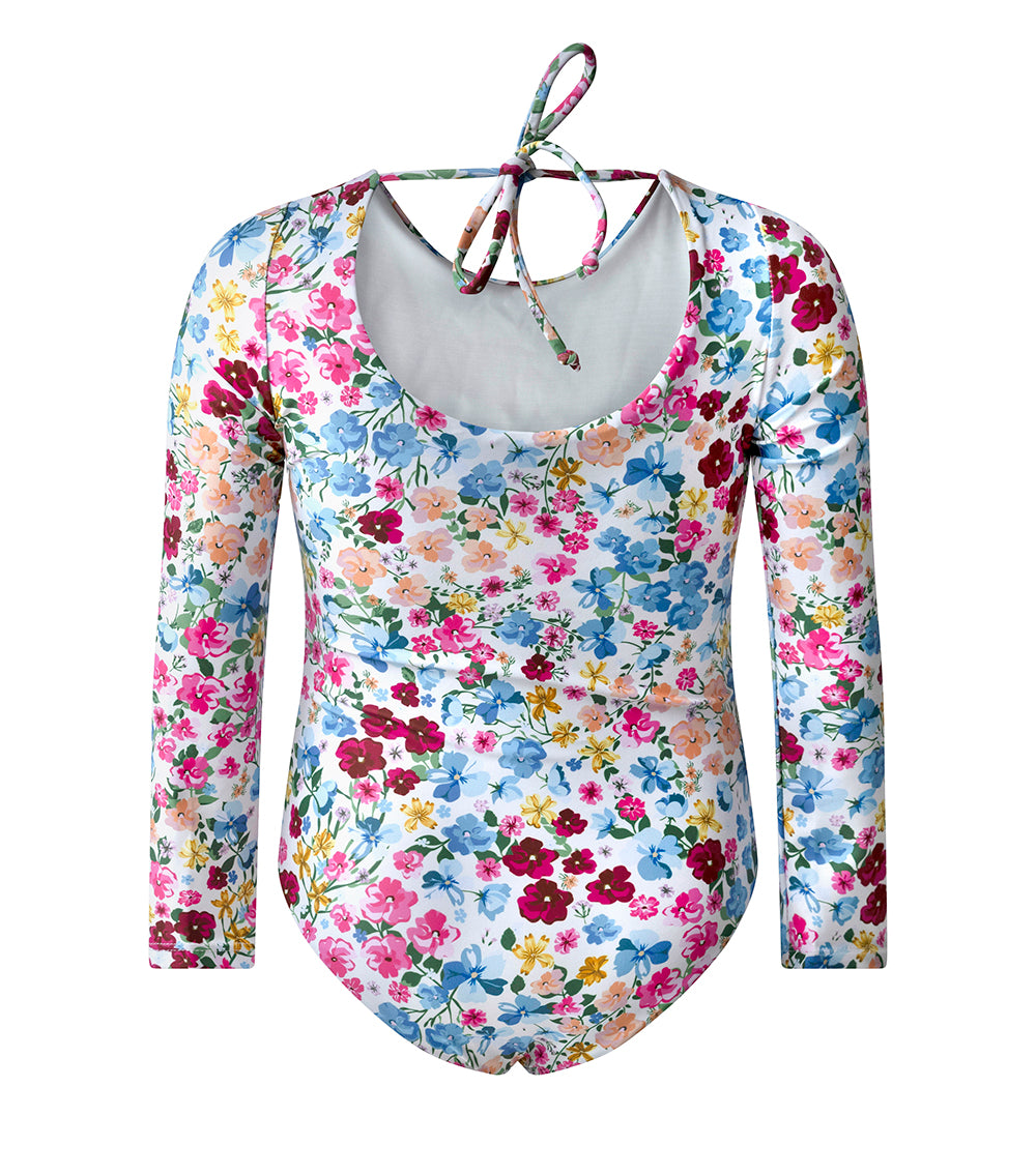 Flowers Colorful floral patterned swimsuit with long sleeves and white background