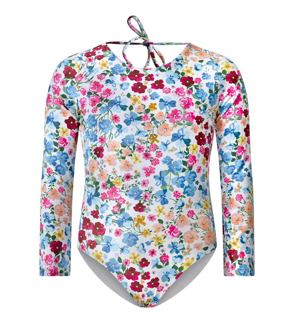 Flowers Colorful floral patterned swimsuit with long sleeves and white background