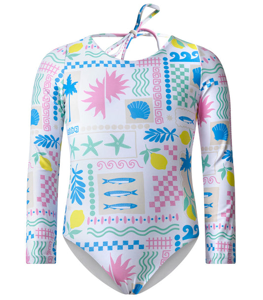Capri White Colorful patterned swimsuit with long sleeves on a white background