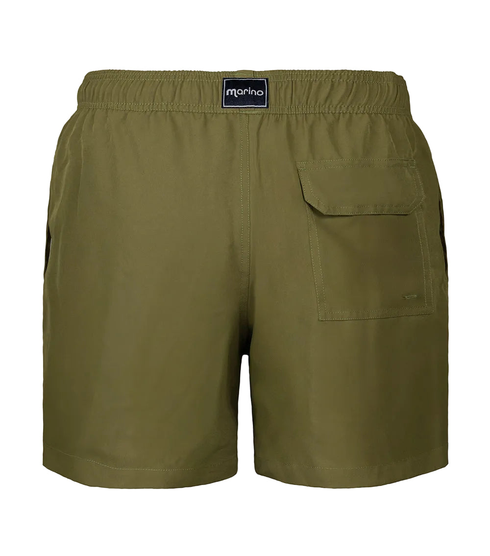 Olive green shorts with a visible brand label on a white background