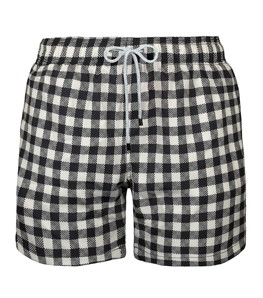 Gingham Black and white checkered shorts with a drawstring on a white background