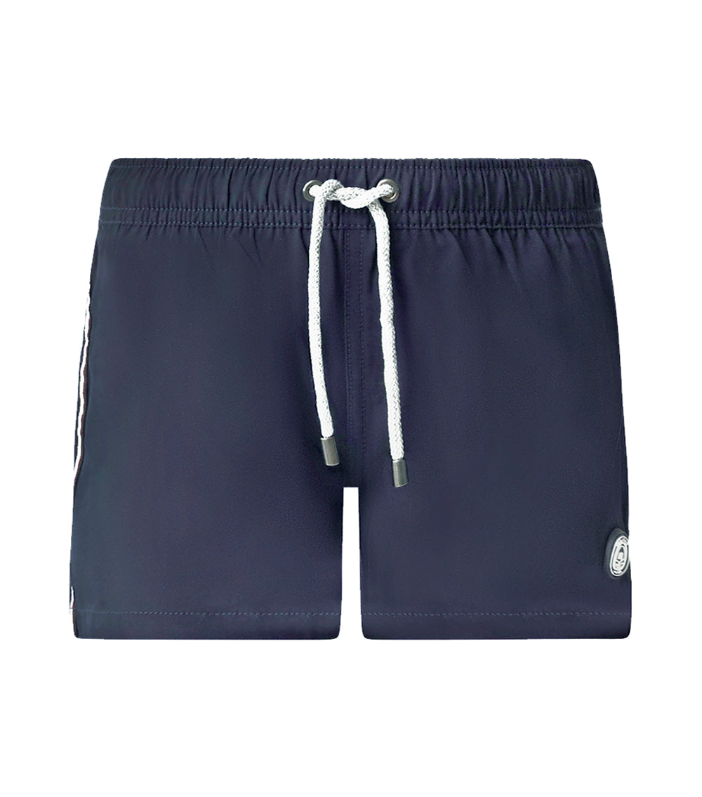 Navy Man wearing navy shorts on a white background