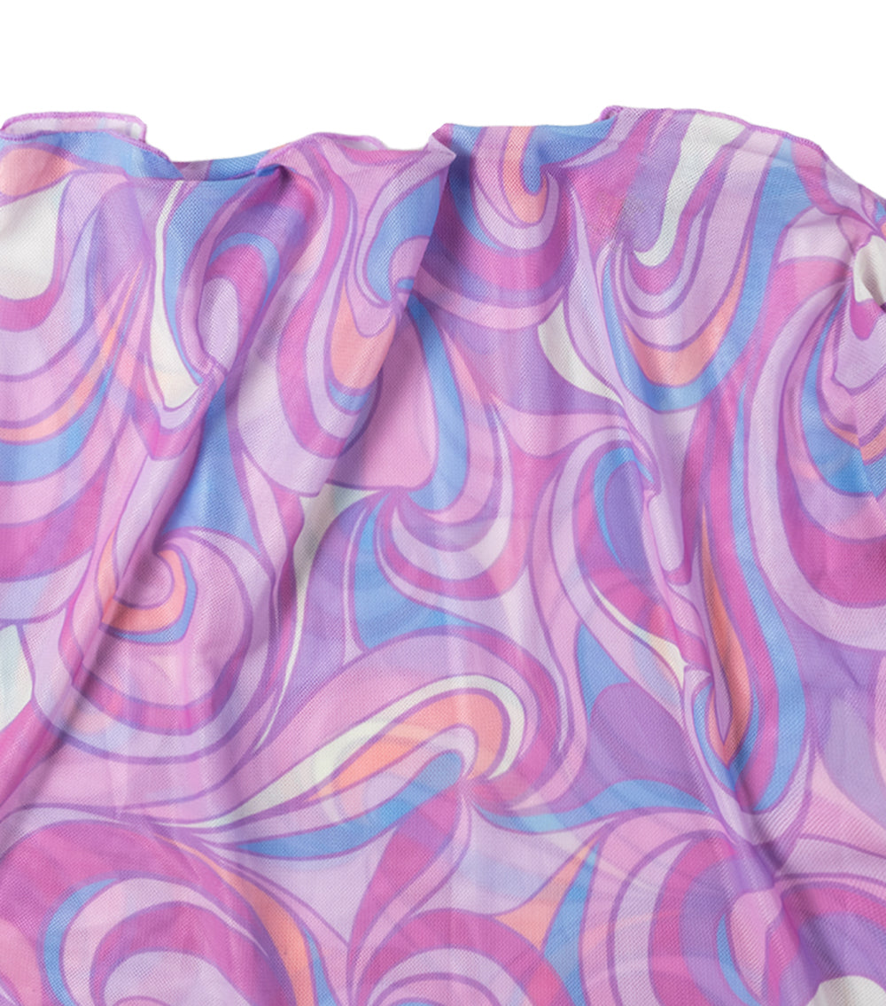 Groovy close-up of a fabric with pink and purple swirl pattern