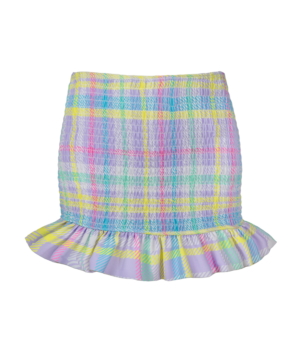 Purple Plaid skirt with ruffled hem on a white background