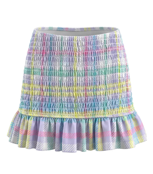 Purple Plaid skirt with ruffled hem on a white background