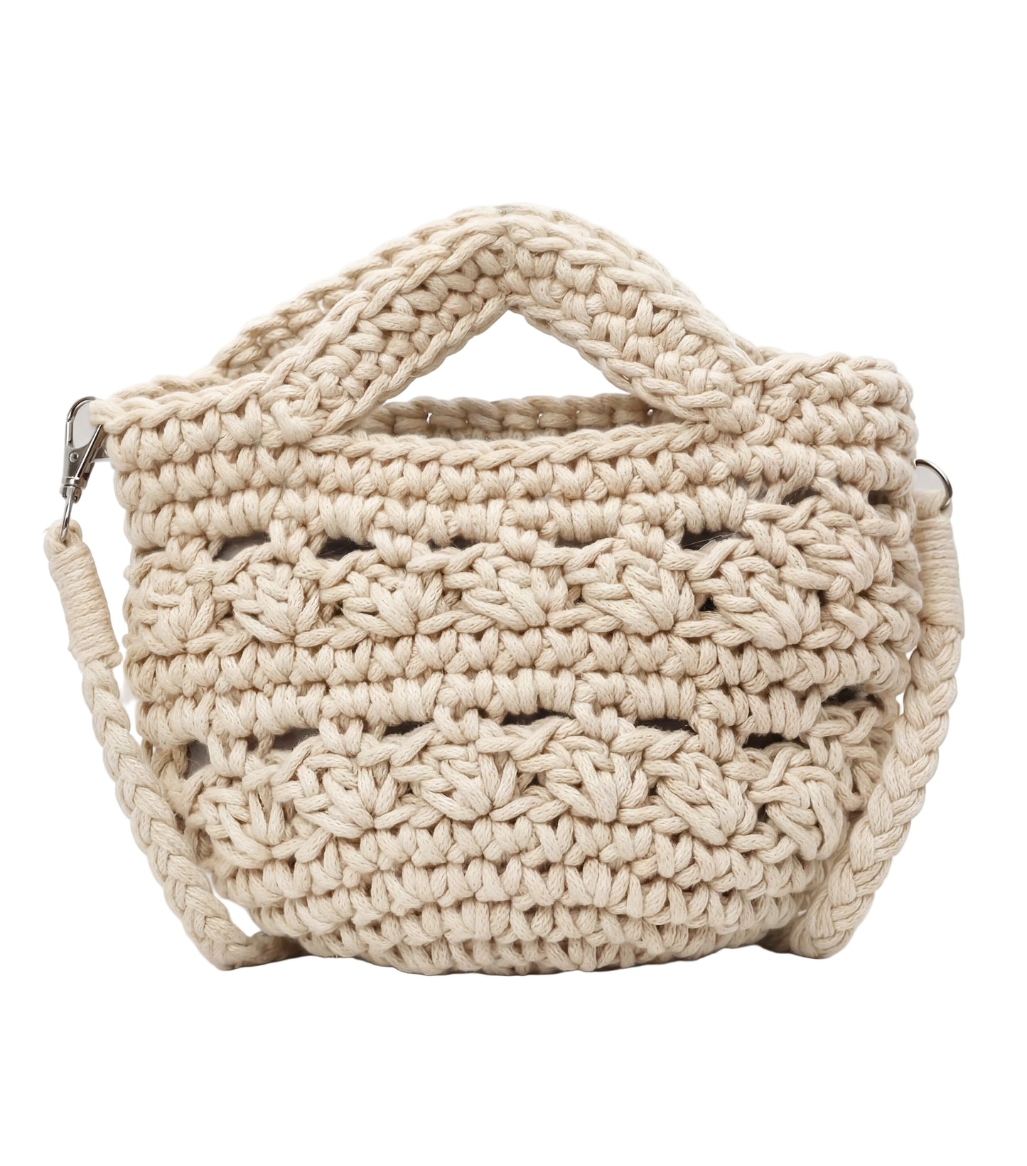 ivory white woven handbag with gold accents on a white background