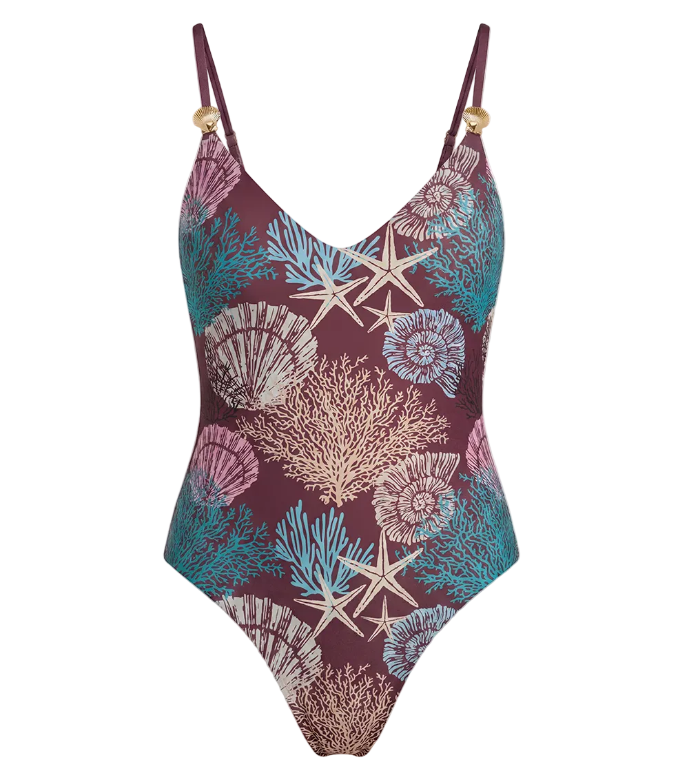 burgundy corals One-piece swimsuit with a marine pattern on a white background