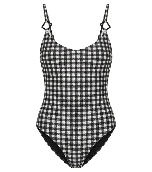 gingham emoji Black and white checkered swimsuit on a white background