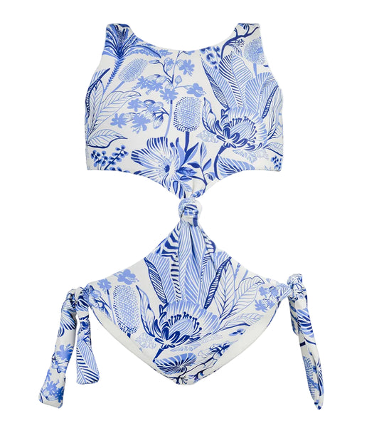tropical Blue and white floral bikini set on a white background