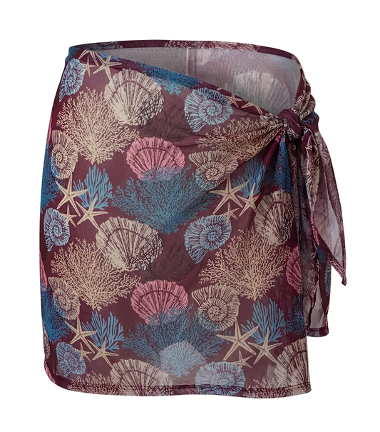 burgundy corals Sarong with shell and starfish pattern on a white background