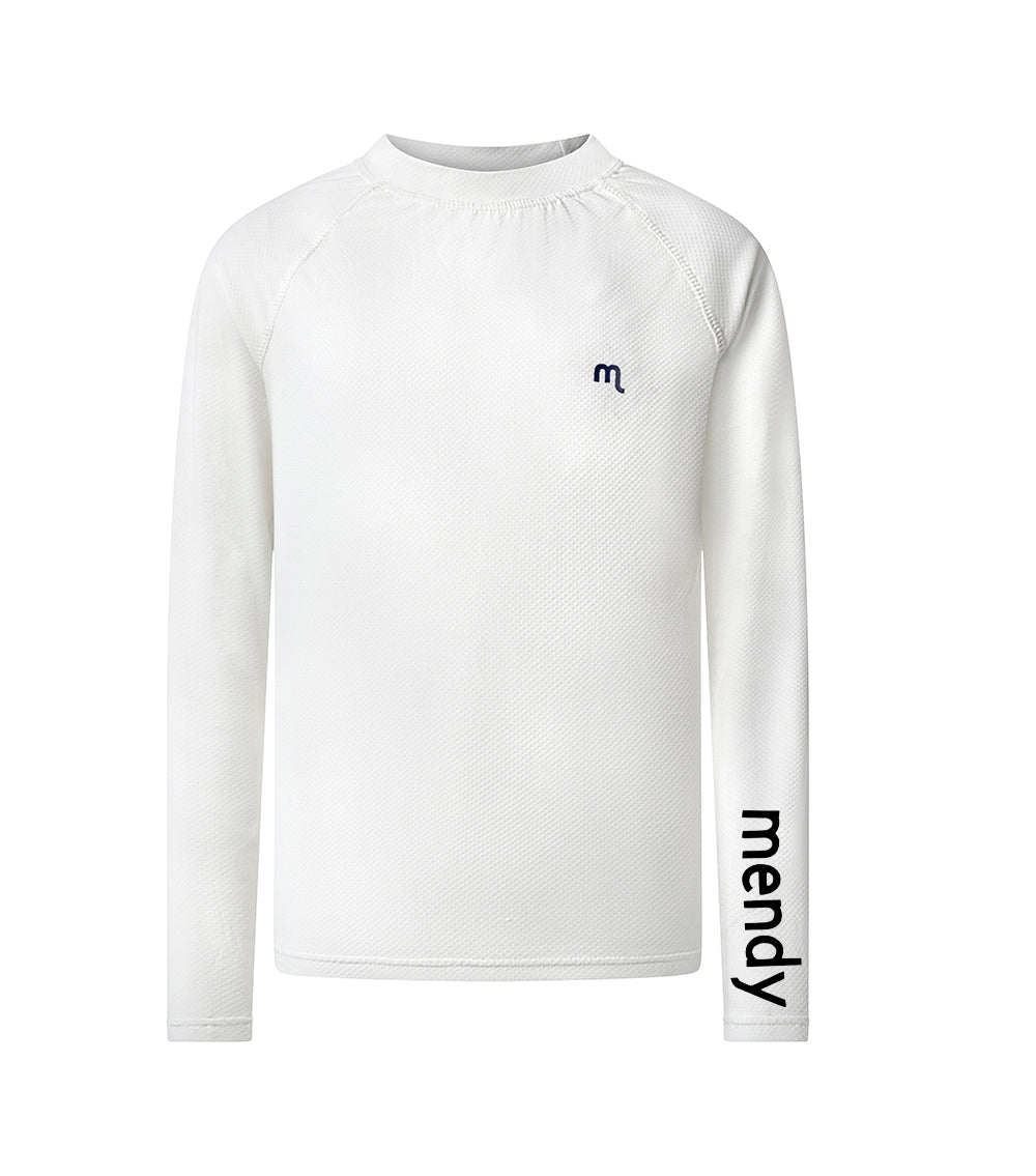 White long-sleeve shirt with 'mendy' branding on a white background