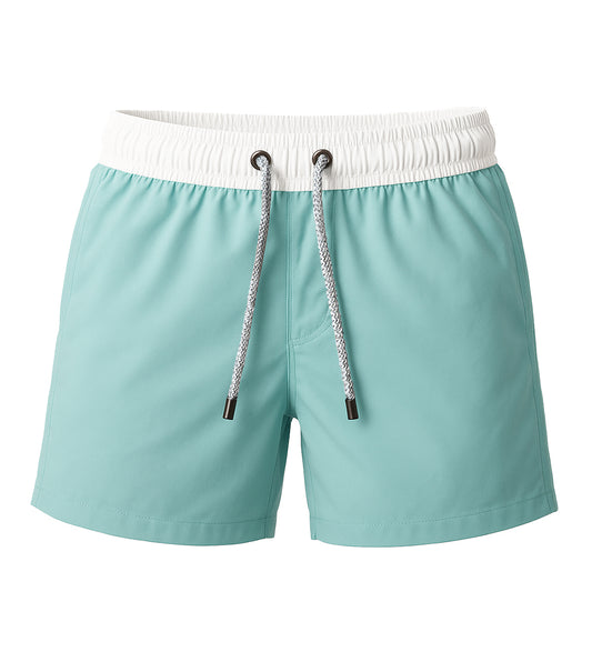 Aqua blue shorts with a white waistband and drawstring on a white background