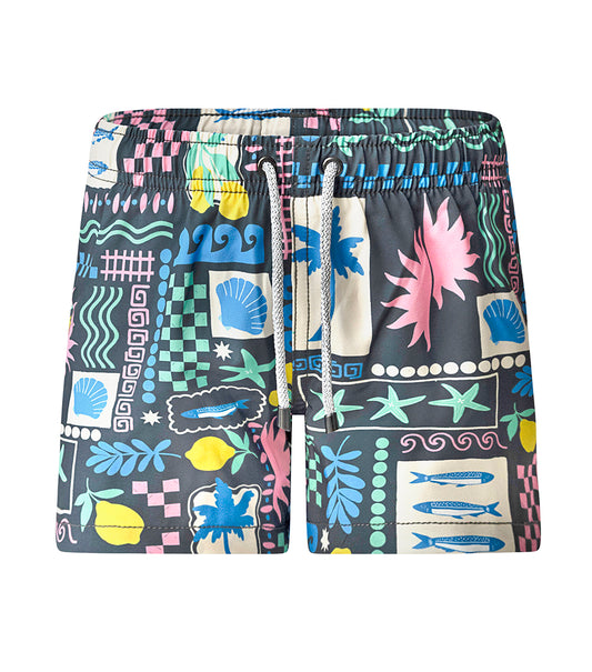 Capri Black patterned shorts with a drawstring on a white background