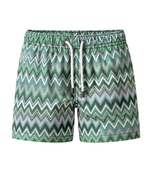 Chevron green zigzag patterned shorts with a drawstring on a white background
