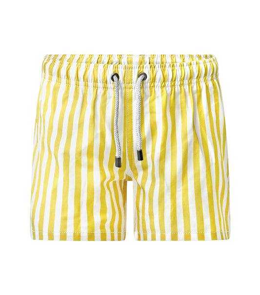 Yellow Stripes patterned shorts with a drawstring on a white background
