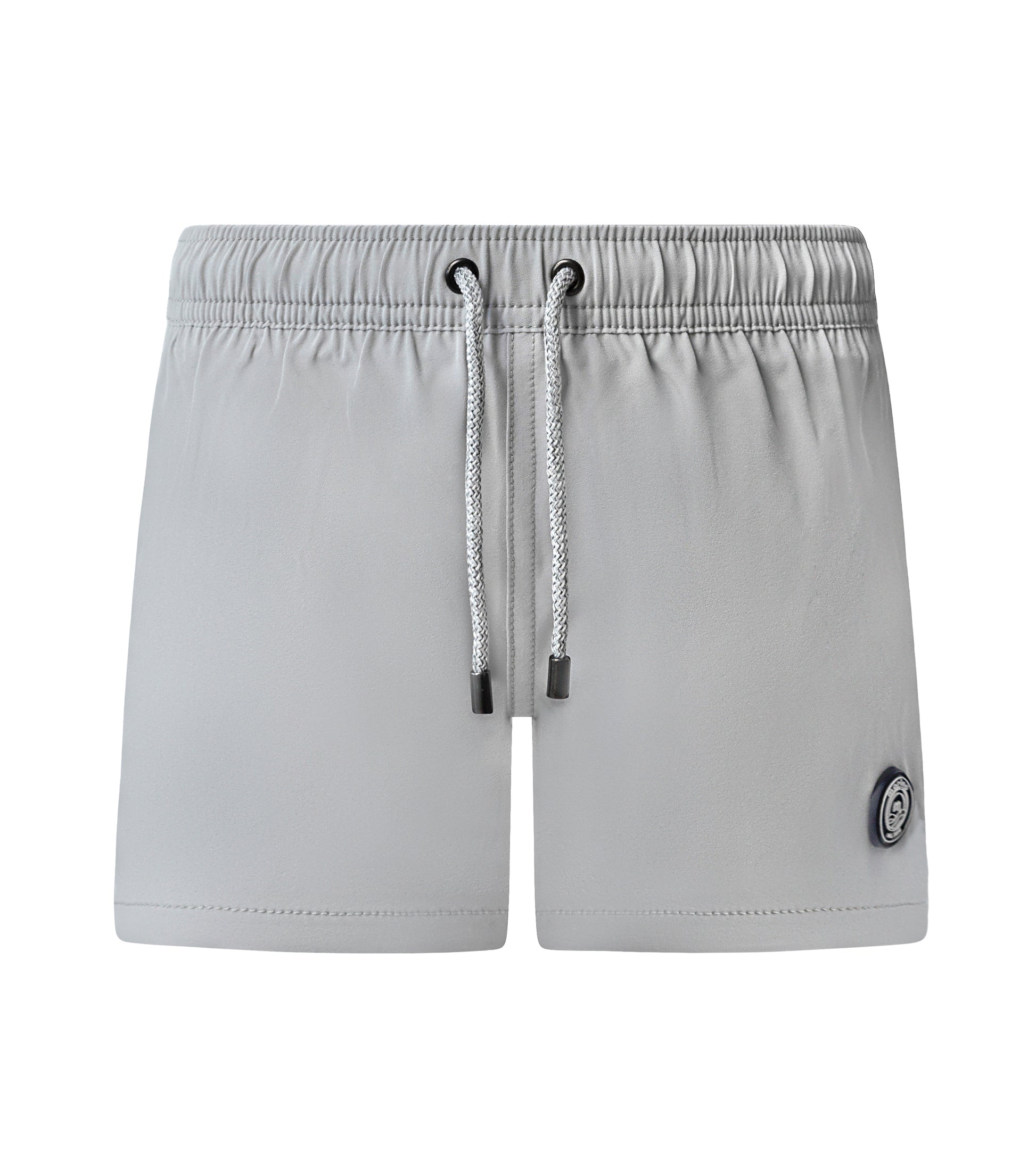 Gray shorts with a drawstring on a white background