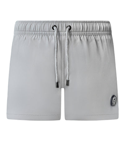 Gray shorts with a drawstring on a white background
