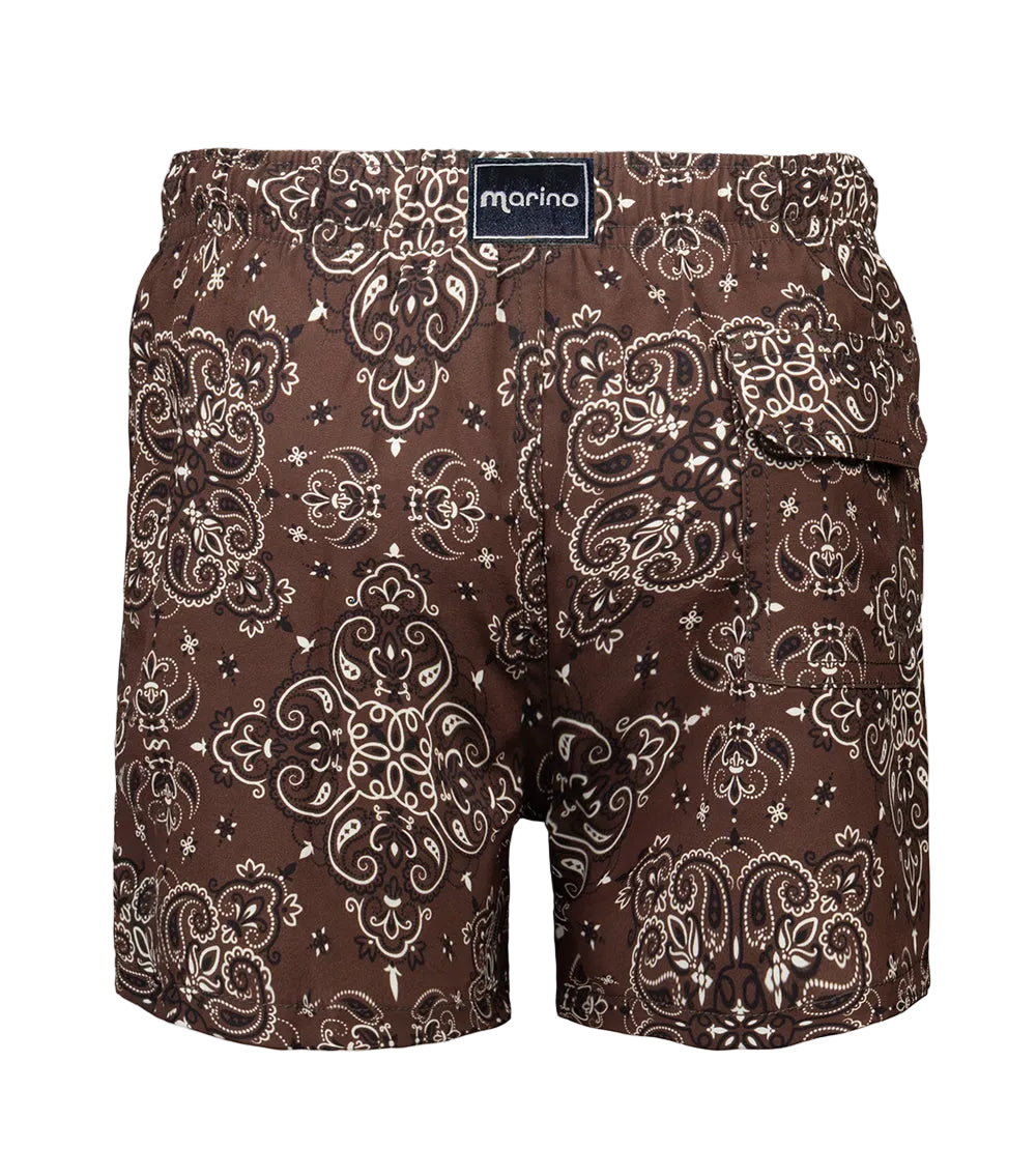Brown bandana patterned shorts with a visible brand label on a white background
