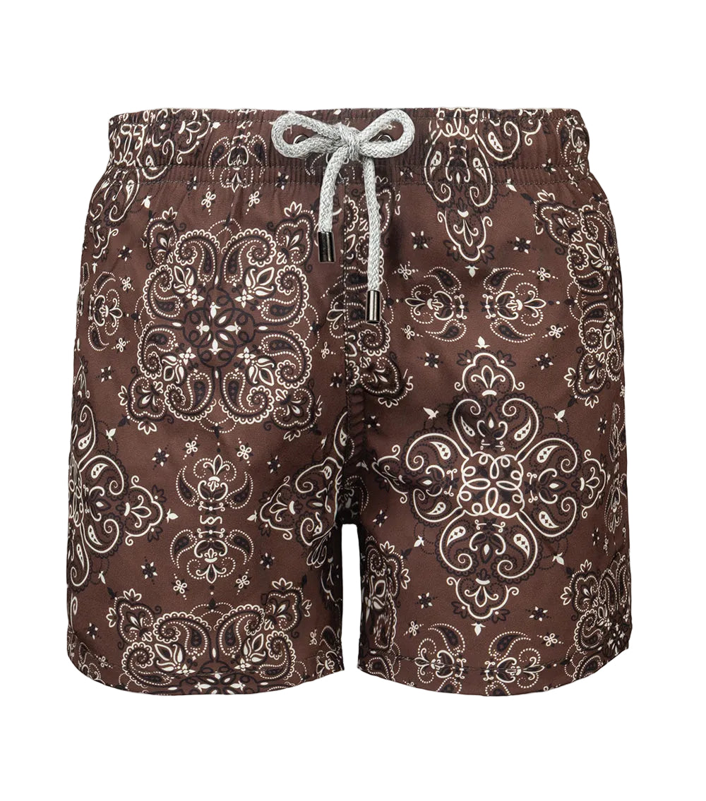 Brown bandana patterned shorts with a drawstring on a white background