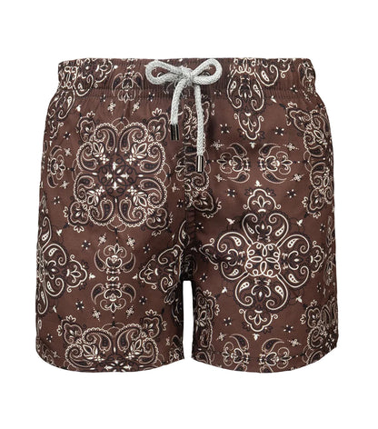Brown bandana patterned shorts with a drawstring on a white background