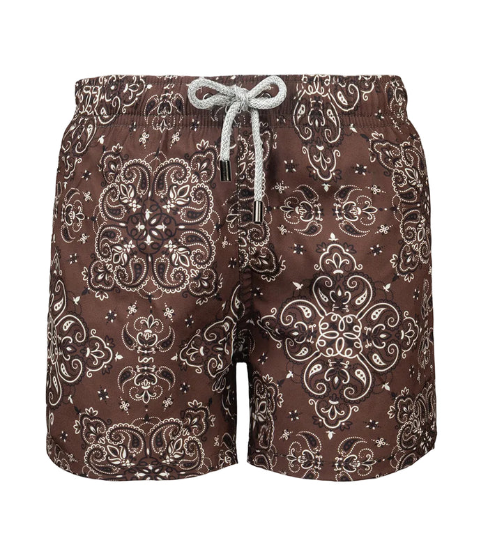 Brown bandana patterned shorts with a drawstring on a white background