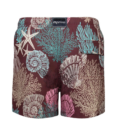 burgundy corals shorts with a colorful coral and shell pattern on a white background
