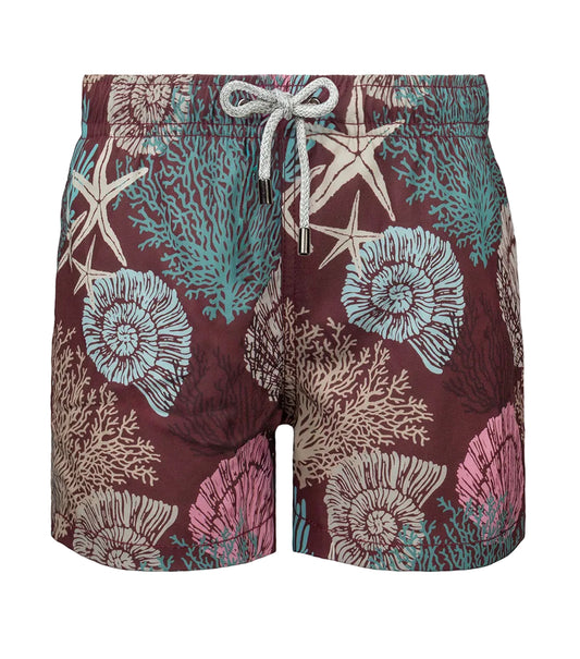 burgundy corals Maroon shorts with a coral and starfish pattern on a white background