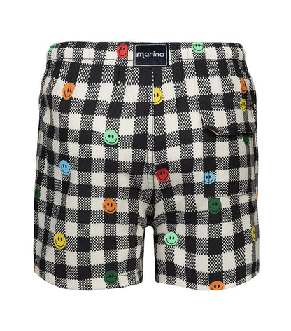 gingham emoji Black and white checkered shorts with colorful smiley face buttons on a white background