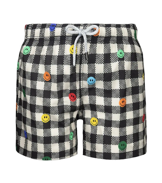 gingham emoji Black and white checkered shorts with colorful buttons on a white background
