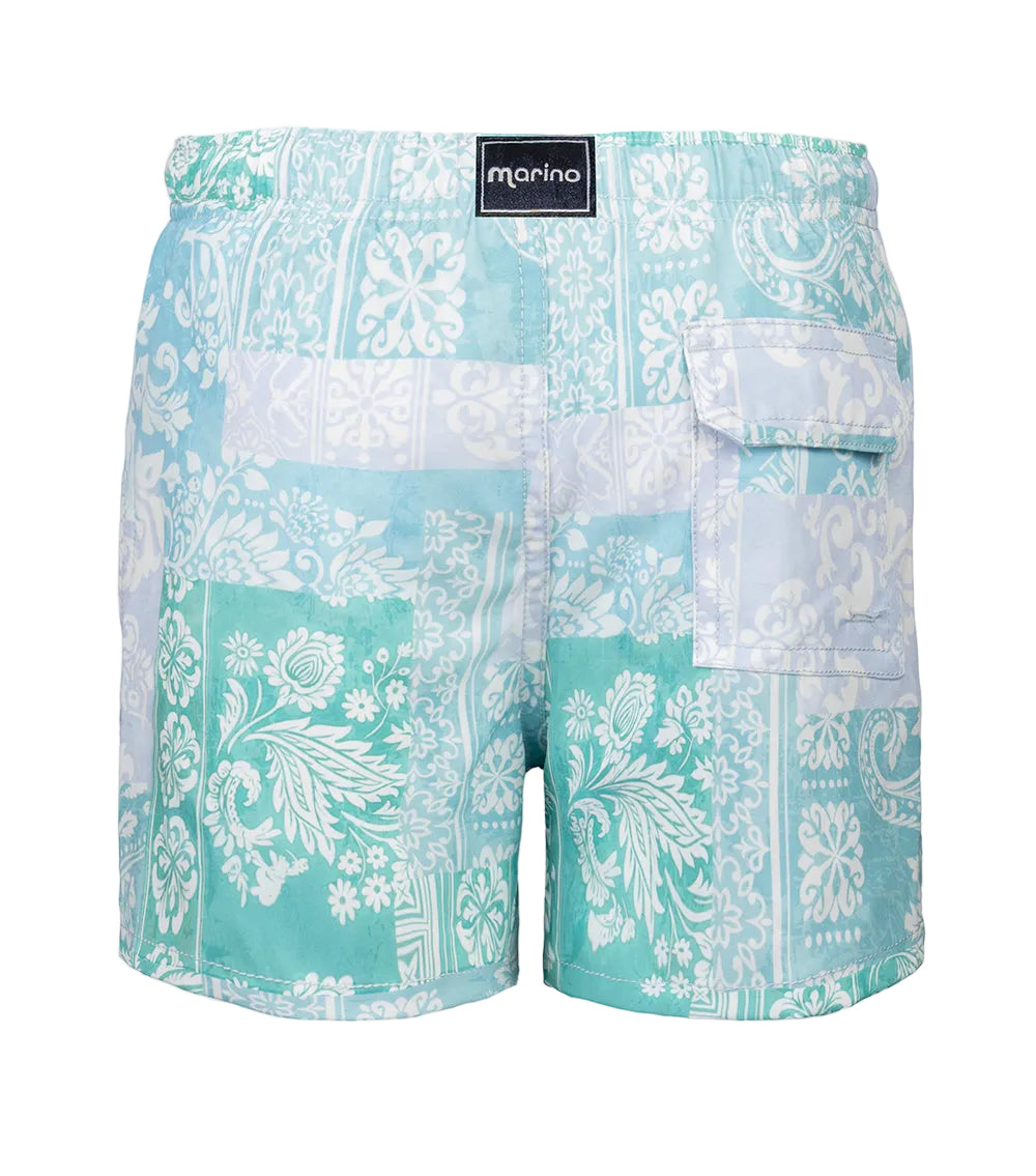 paisley Teal and white patterned shorts with a visible brand label on a light gray background
