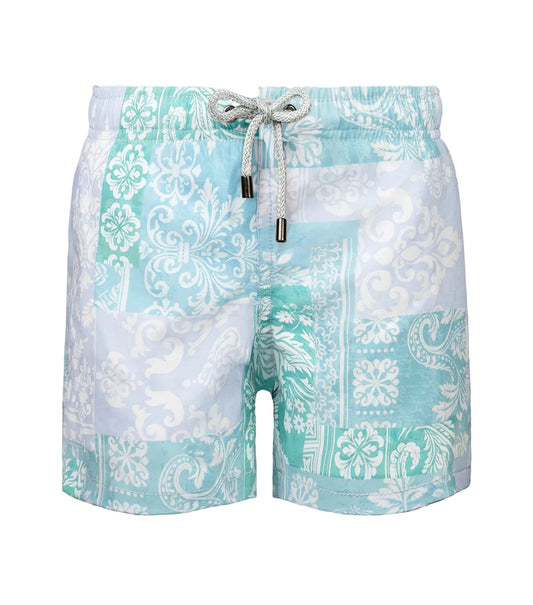 paisley Turquoise and white patterned shorts on a white background