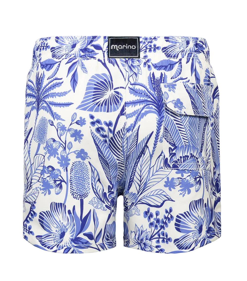 tropical Blue floral patterned shorts on a white background