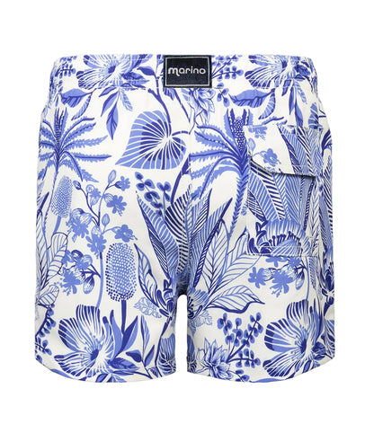 tropical Blue floral patterned shorts on a white background