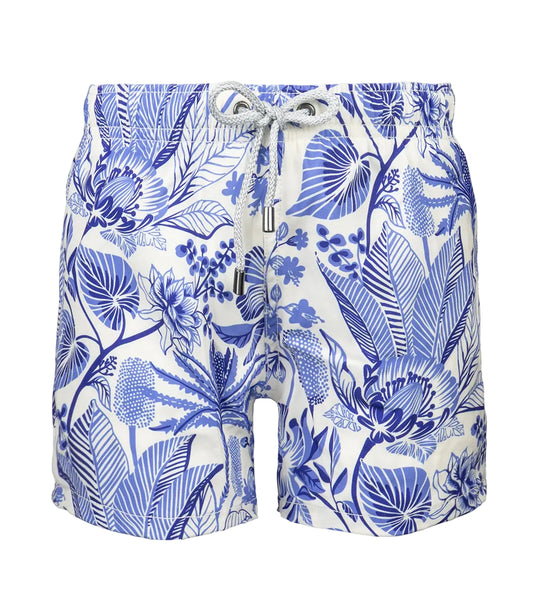 tropical Blue and white floral patterned shorts on a white background