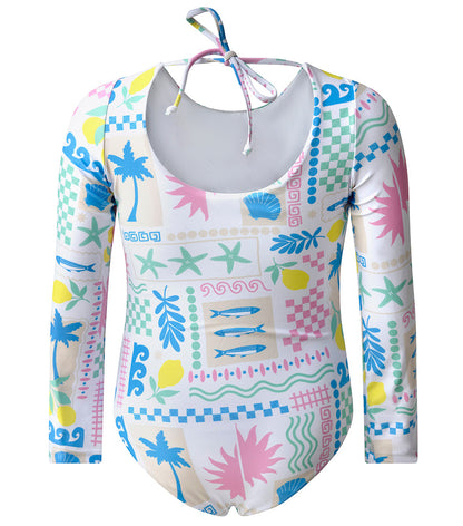 Capri White Colorful patterned swimsuit with long sleeves on a white background