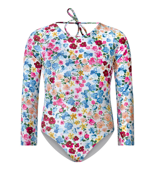 Flowers Colorful floral patterned swimsuit with long sleeves and white background