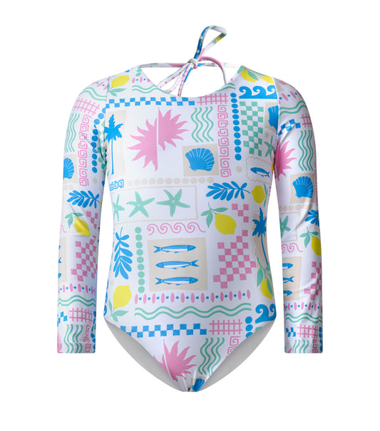 Capri White Colorful patterned swimsuit with long sleeves on a white background