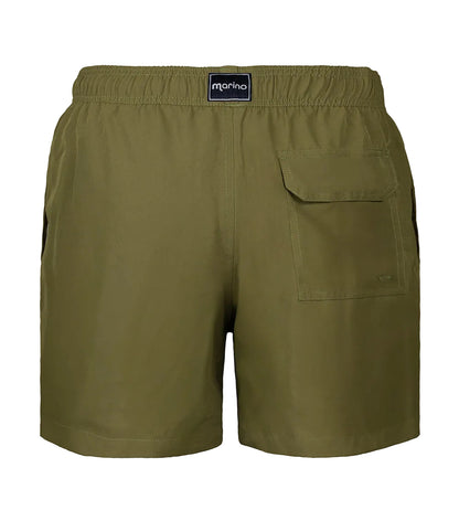 Olive green shorts with a visible brand label on a white background