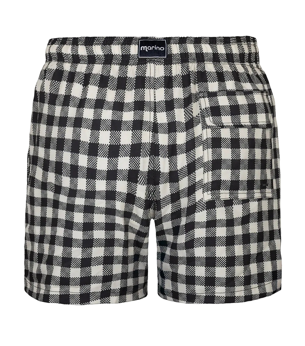 Gingham Black and white checkered shorts with a brand label on a white background