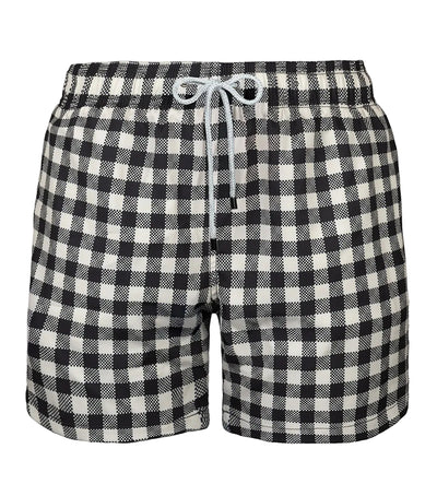Gingham Black and white checkered shorts with a drawstring on a white background