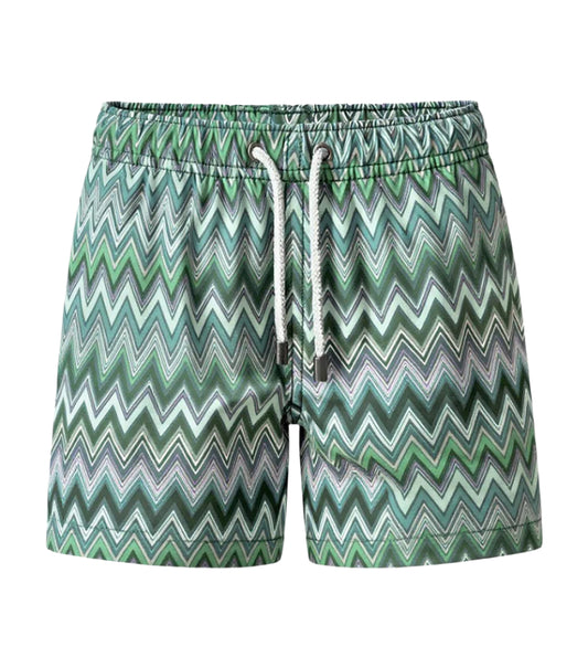 Chevron Man wearing green and white zigzag patterned shorts on a white background